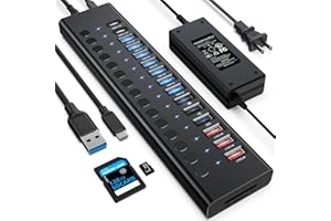 Powered USB Hub, VANGREE 17-Port USB Splitter (7 USB 3.0 Ports+3 2.4A Charging Ports+3 USB 2.0 Ports+2 USB-C 3.0 Ports+SD/TF Card Reader), Individual On/Off Switches, 90W Power Adapter for Laptop, PC