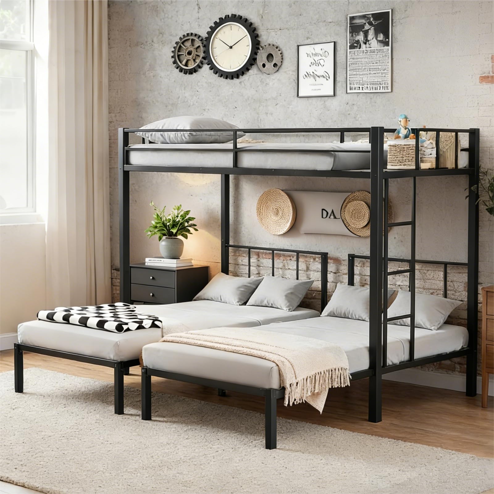 Photo 1 of ***PARTIAL SET*** Mixcous Triple Bunk Bed Twin XL Over Twin & Twin, Heavy Duty Metal Bed Convertible to 3 Beds for Teens & Adults, Bunk Bed Frame with Adjustable Ladder, Noise-Free, Ideal for Space-Saving Needs, Black