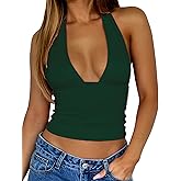 TiulZial Womens Backless Halter Tops Deep V Neck Sexy Crop Tank Top Open Back Sleeveless Slim Fit Y2k Summer Tops