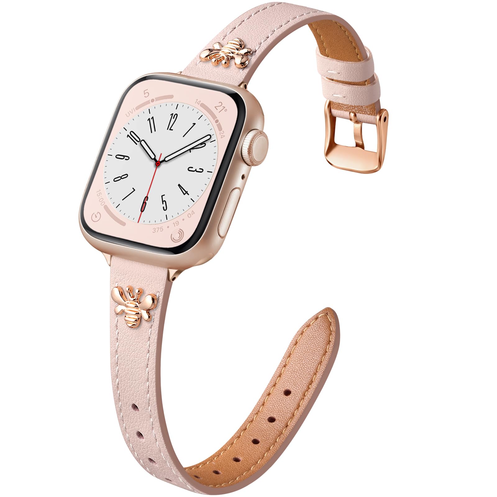 CeMiKa Slim Leather Straps Compatible with Apple Watch Strap 42mm 44mm 45mm 49mm 46mm, Leather Band for Apple Watch Ultra/Ultra 2/iWatch Series 10 9 8 7 6 5 4 3, Women Men, SandPink/Rosegold Bee