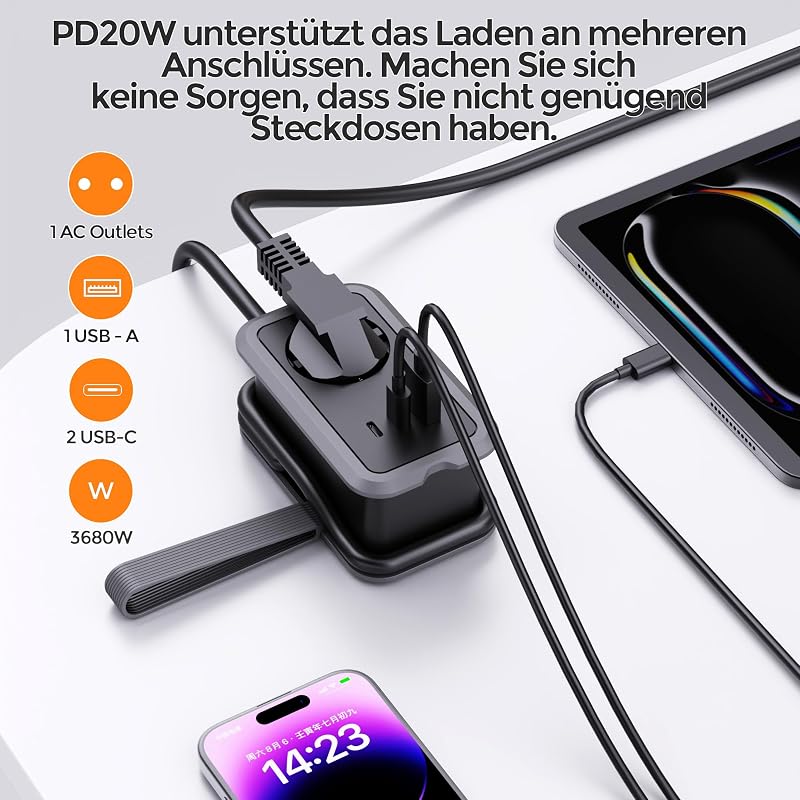 PD20W Multiprise de voyage, 4 en 1, avec USB et type C, 3680 W 16 A, adaptateur de prise, multiprise avec câble de données pour tablettes iPad iPhone, gris — photo 2 sur 7