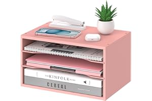 SHARKWOODS Wood Desk Organizer, 3 Tier Paper Tray Organizer for Desk with Adjustable Storage Shelves, Desktop Paper Sorter Mail Holder for Office Home Classroom, Pink