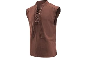 mogenda Mens Medieval Renaissance Pirate Costume Sleeveless Lace-up Stand Collar Shirt Gothic Viking Steampunk Top Tunic