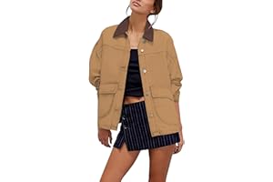 Lumister Women's Oversized Denim Jacket with Contrast Trim Long Sleeve Button Down Jean Coat with Pockets Outerwear