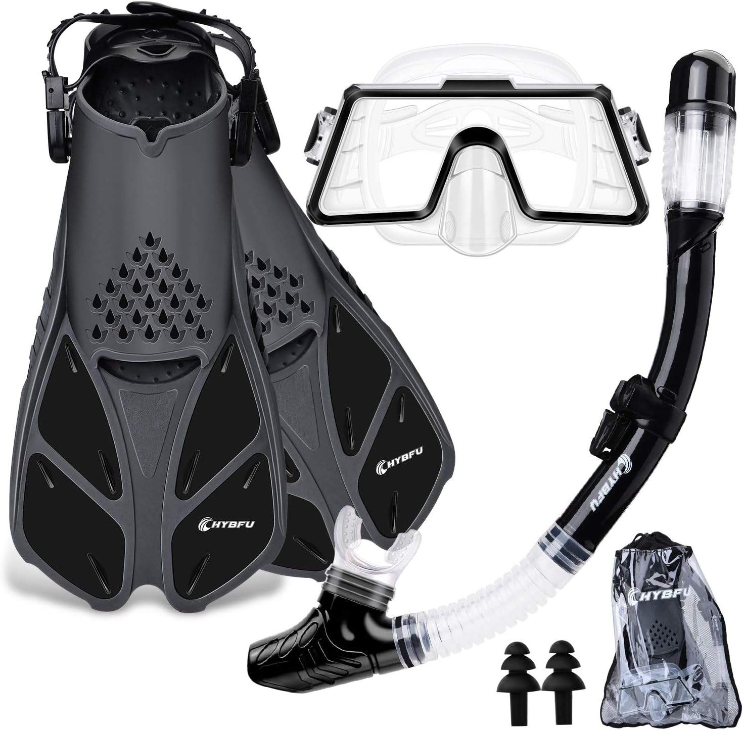 CHYBFU Mask Fins Snorkel Set with Adults Snorkeling Gear, Panoramic View Diving Mask, Dry Top Snorkel, Diving Flippers and Gear Bag, Snorkeling Packages for Snorkeling Swimming Scuba Diving Training : Sports & Outdoors