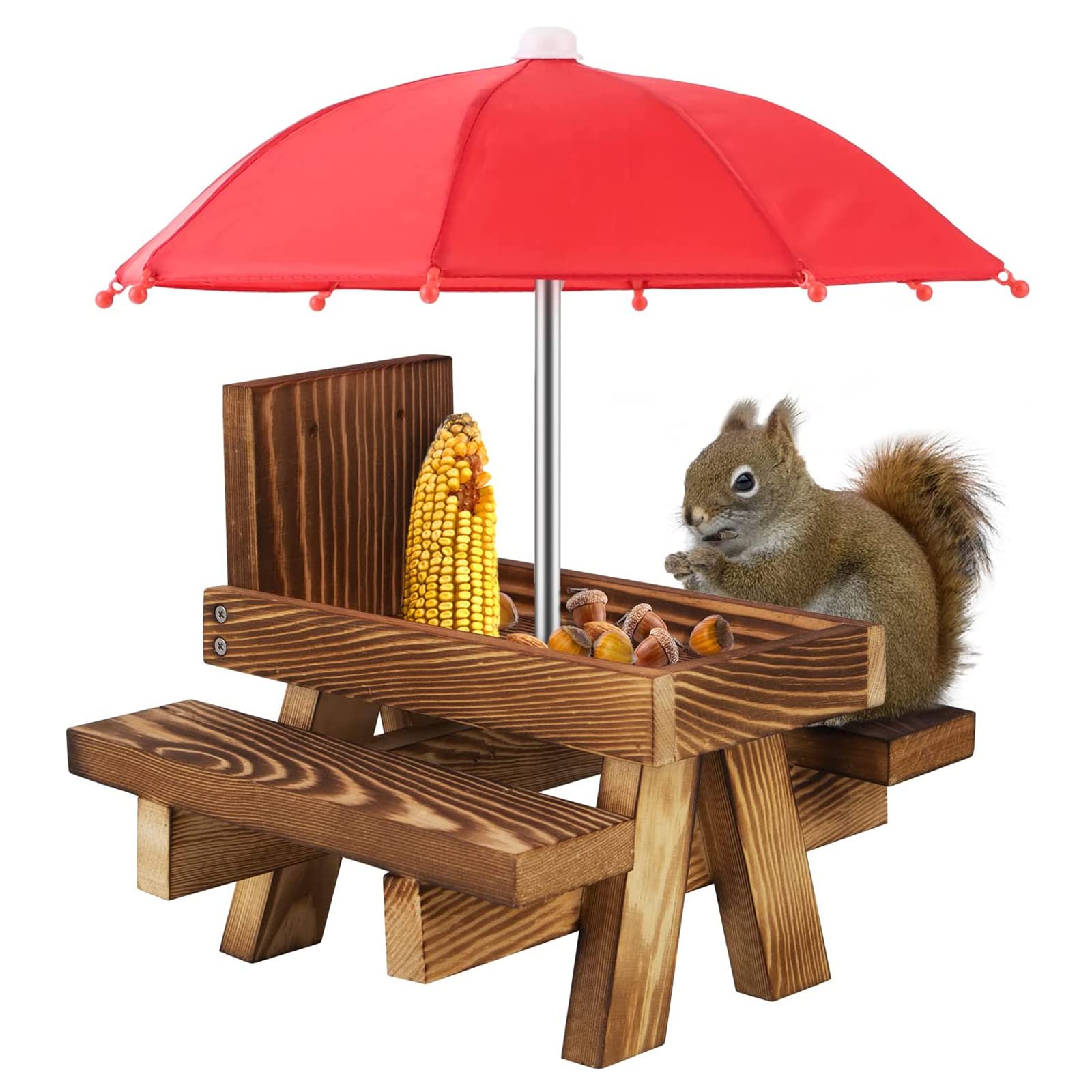 Squirrel Feeder Table With Umbrella, Outside Wooden Picnic Table Feeder For Squirrels With Corn Cob Holder Squirrel Feeding Station Suitable For Gardens Trees Fences (Wood, Dark brown)