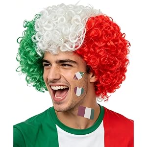 IMEYLE Italian Flag Colors Afro Wig Italy Red White Green Curly Wig | Funny Wigs Patriotic Red White Green Afro Wig Face Stic