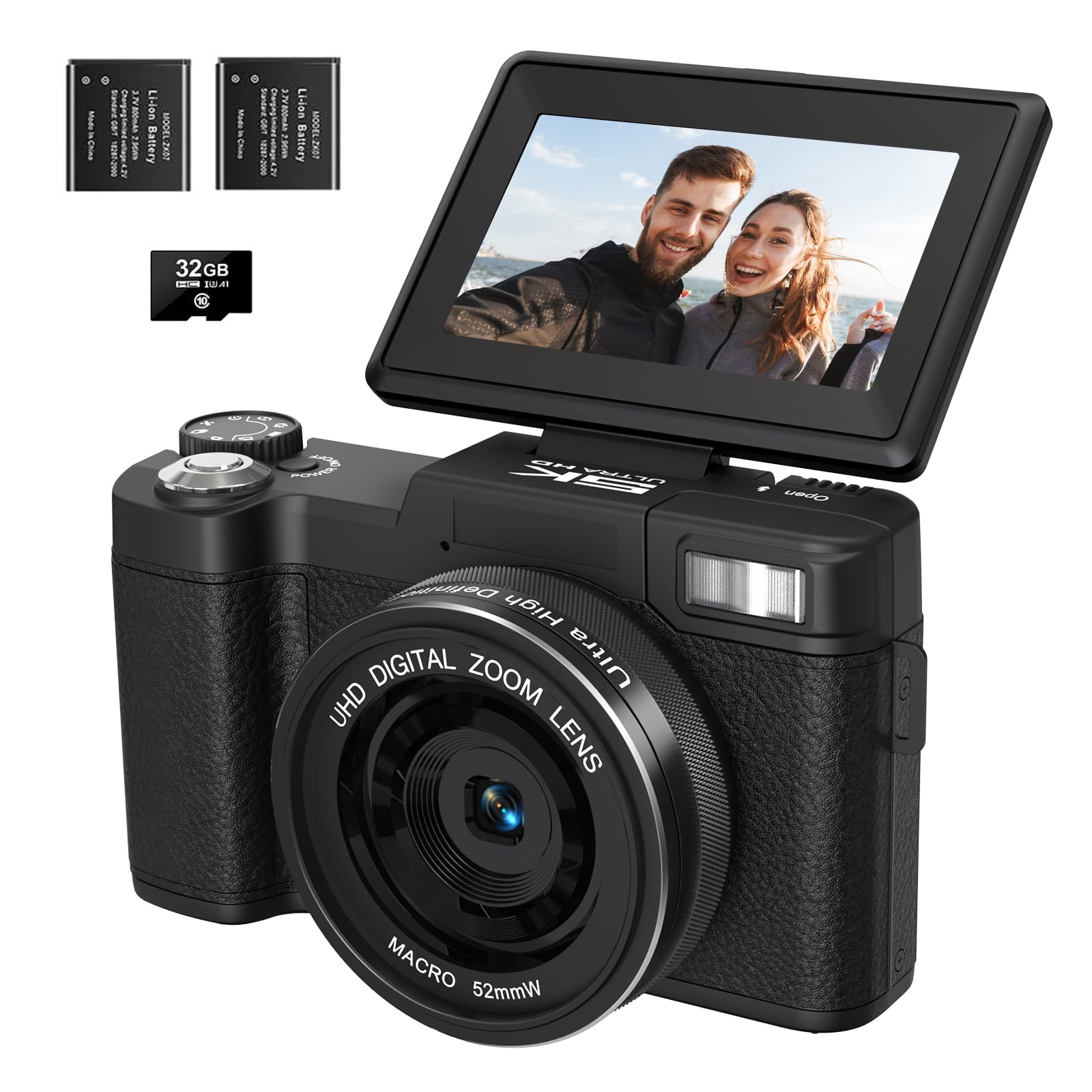 Photo 1 of 5K Digital Camera for Photography 64MP Auto-Focus Vlogging Camera for YouTube 3" 180° Flip Screen Compact Travel 18X Digital Zoom, Anti-Shake 2 Batteries & 32GB TF Card