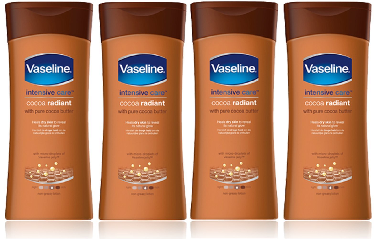 x4 Vaseline Intensive Care Cocoa Radiant with Pure Cocoa Butter Heals Dry Skin to Reveal its Natural Glow 200ml