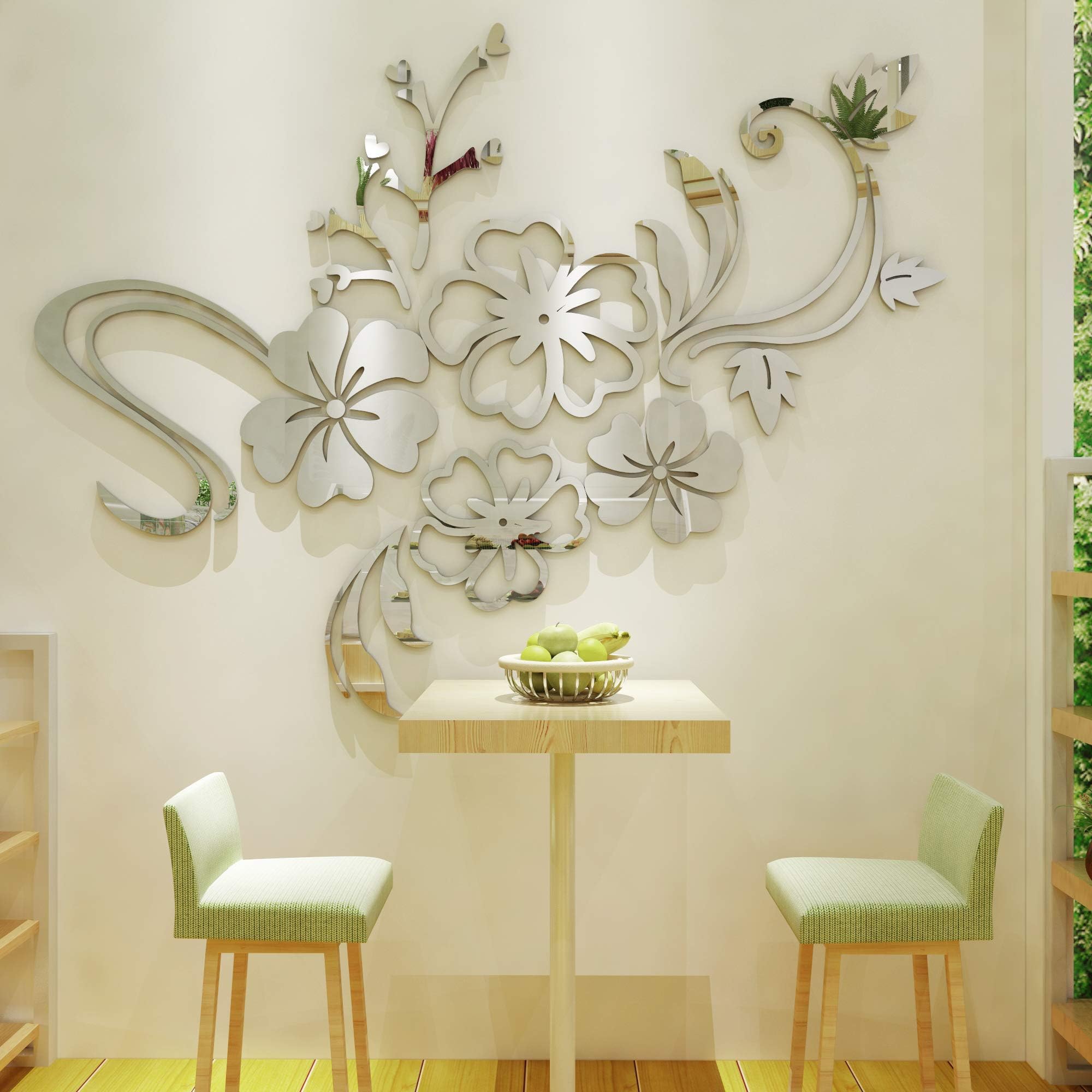 Warmcasa 3D Mirror Flower Wall Sticker Art Removable Acrylic Mural Decal Wall Sofa Home Room Decor (S, Silver)