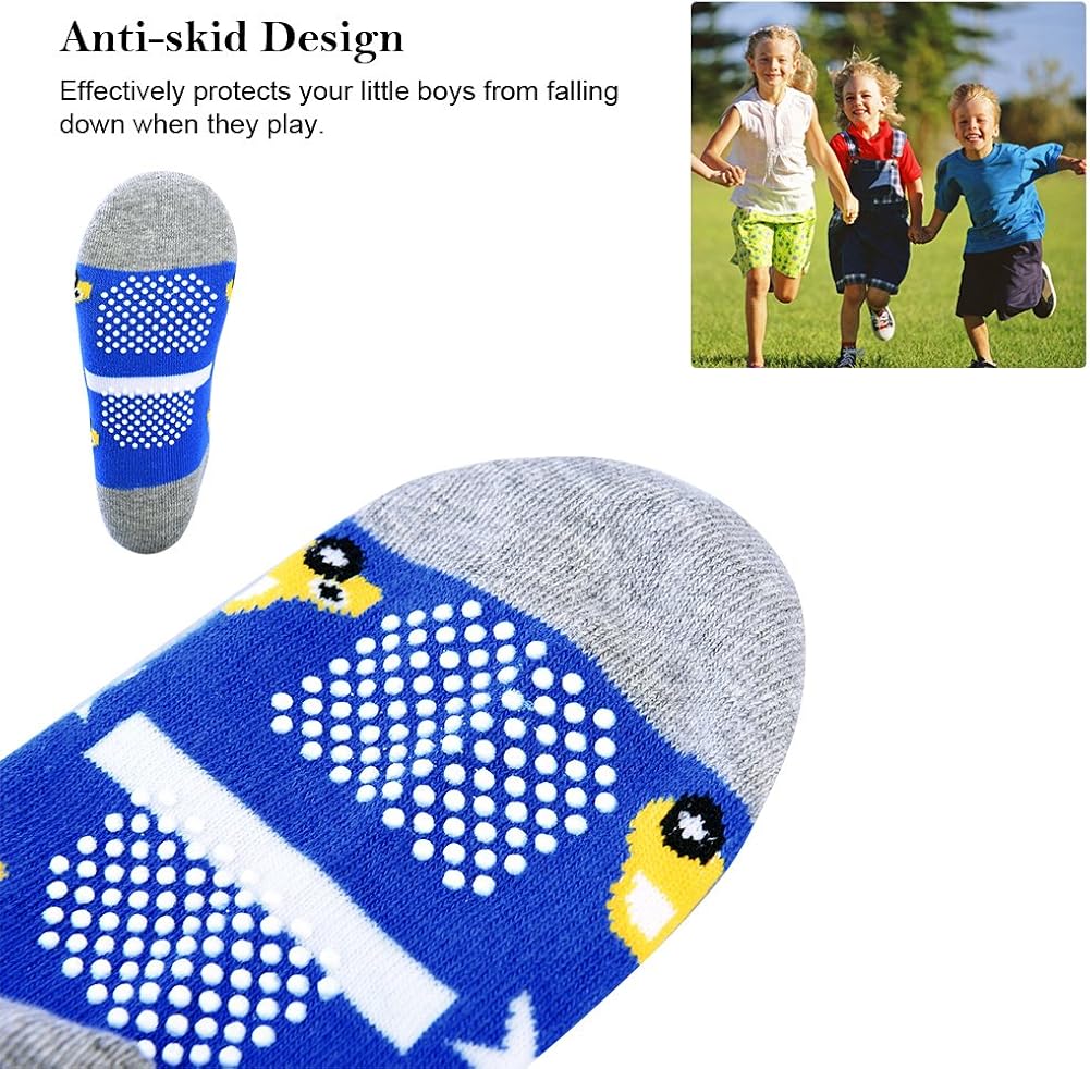 Boys Crew Socks Non Slip Ankle Socks Athletic Socks with Cartoon Car Pattern 5 Pair: Clothing
