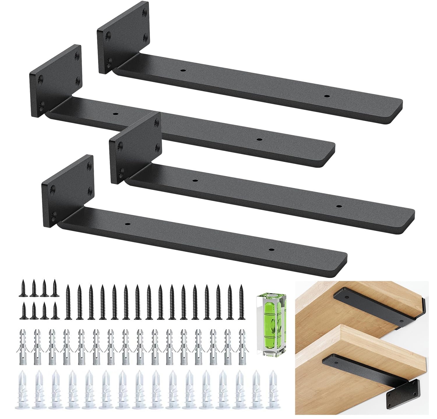 Shelf Bracket 4 Pack Wall Brackets for Shelves Black Shelf Brackets Heavy Duty Metal L Brackets for Wall Mounted (Black, 25cm/10inch)