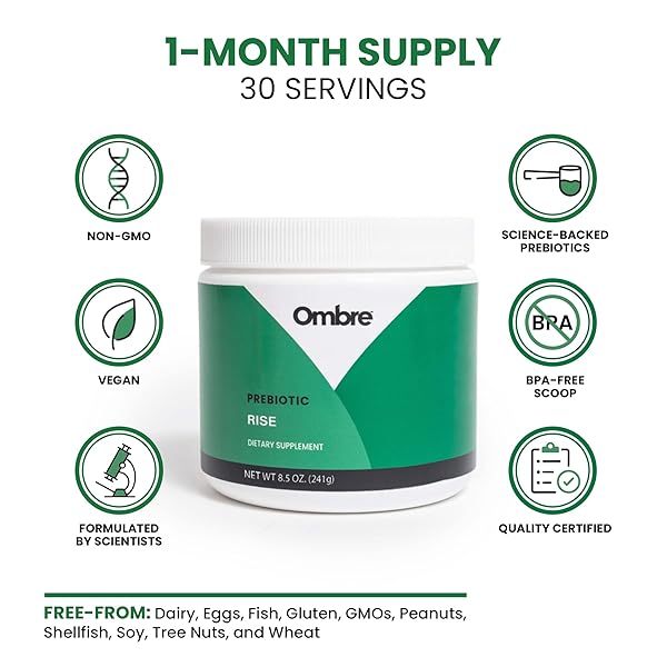 OMBRE RISE PREBIOTIC POWDER FIBER SUPPLEMENT, SUPPORTS DIGESTIVE REGULARITY AND OVERALL WELLNESS, WATER SOLUBLE, FAST-ABSORBING, & GENTLE ON STOMACH, SHELF-STABLE, 8.5-OUNCE TUB, 30 SERVINGS