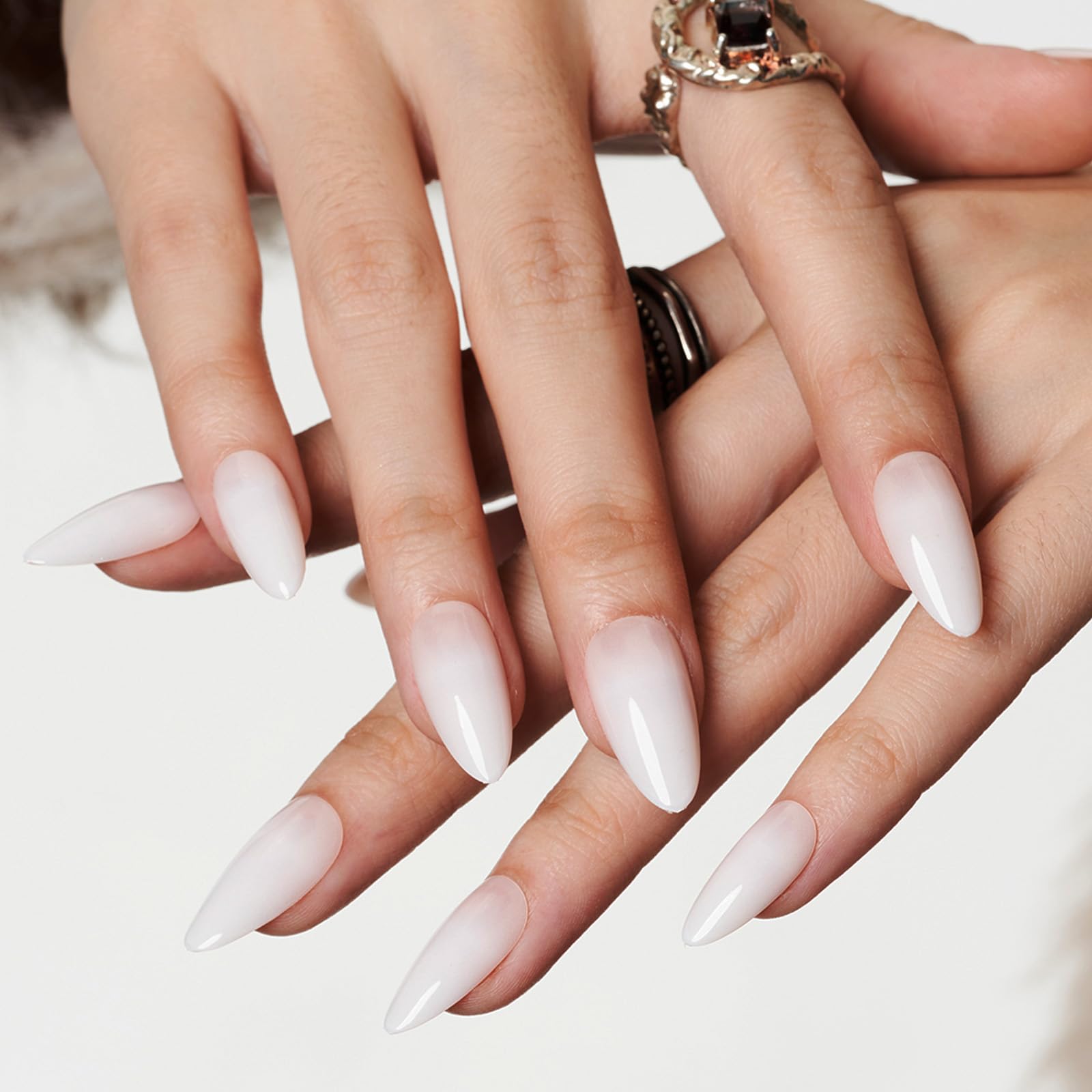 GLAMERMAID Press on Nails Medium Almond, Spring Summer White Ombre Gel Glue on Nail, 24Pcs Glossy Short Stiletto Reusable UV Finish Fake Nails Acrylic False Nails Manicure Kits for Women - Image 5