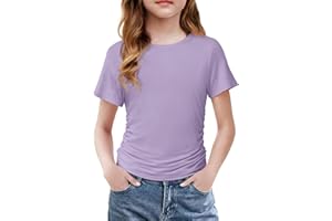Arshiner Girls Shirts Side Ruched Short Sleeve Crewneck Fitted Tops Casual Summer Soft Tee Clothes 5-12 Years