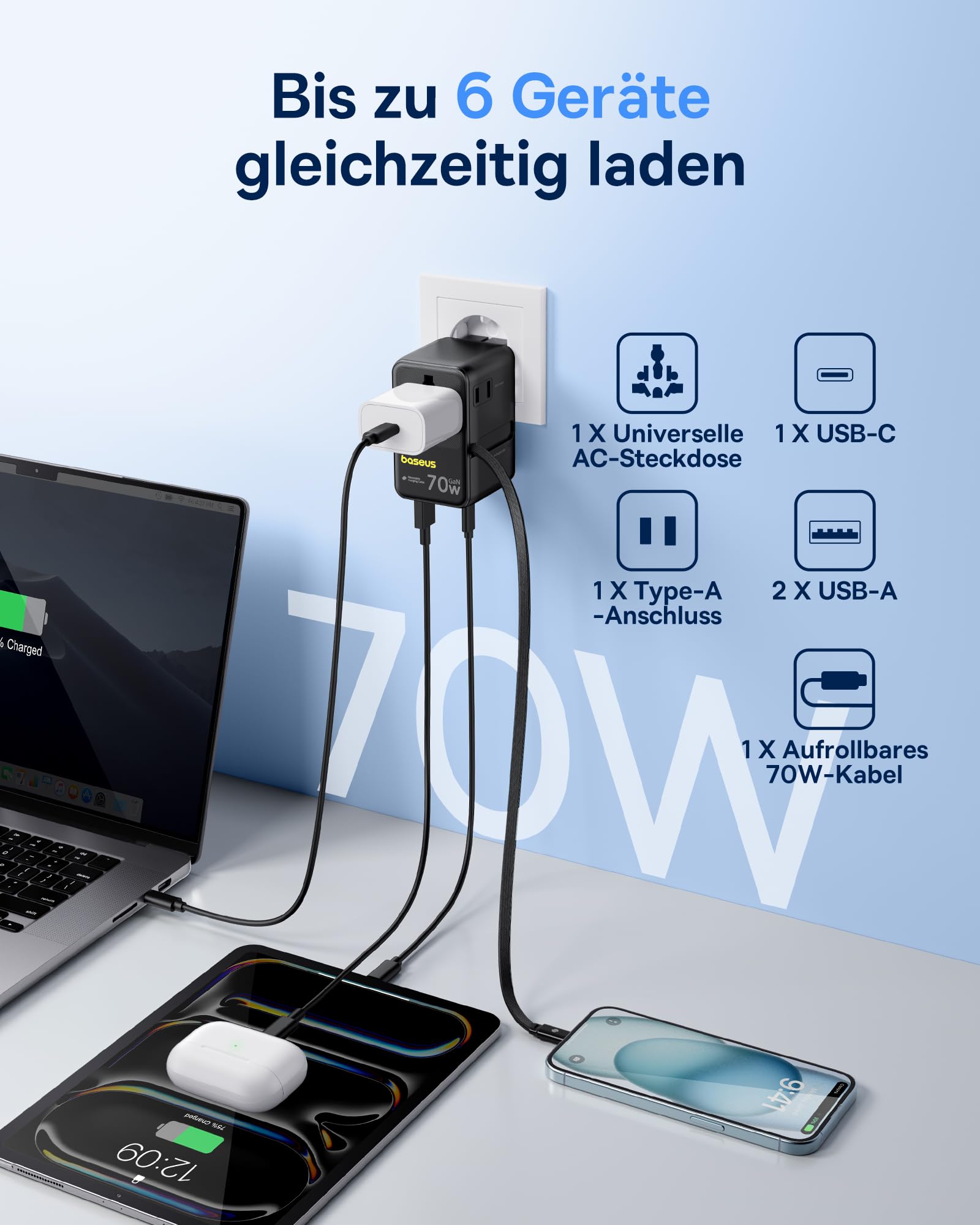 Baseus Enercore 70W Reiseadapter Weltweit mit Ausziehbarem Kabel, Universal Reisestecker mit 2AC+2USB A+USB C, Internationaler Steckdosenadapter, für USA England Japan Thailand Australien 2