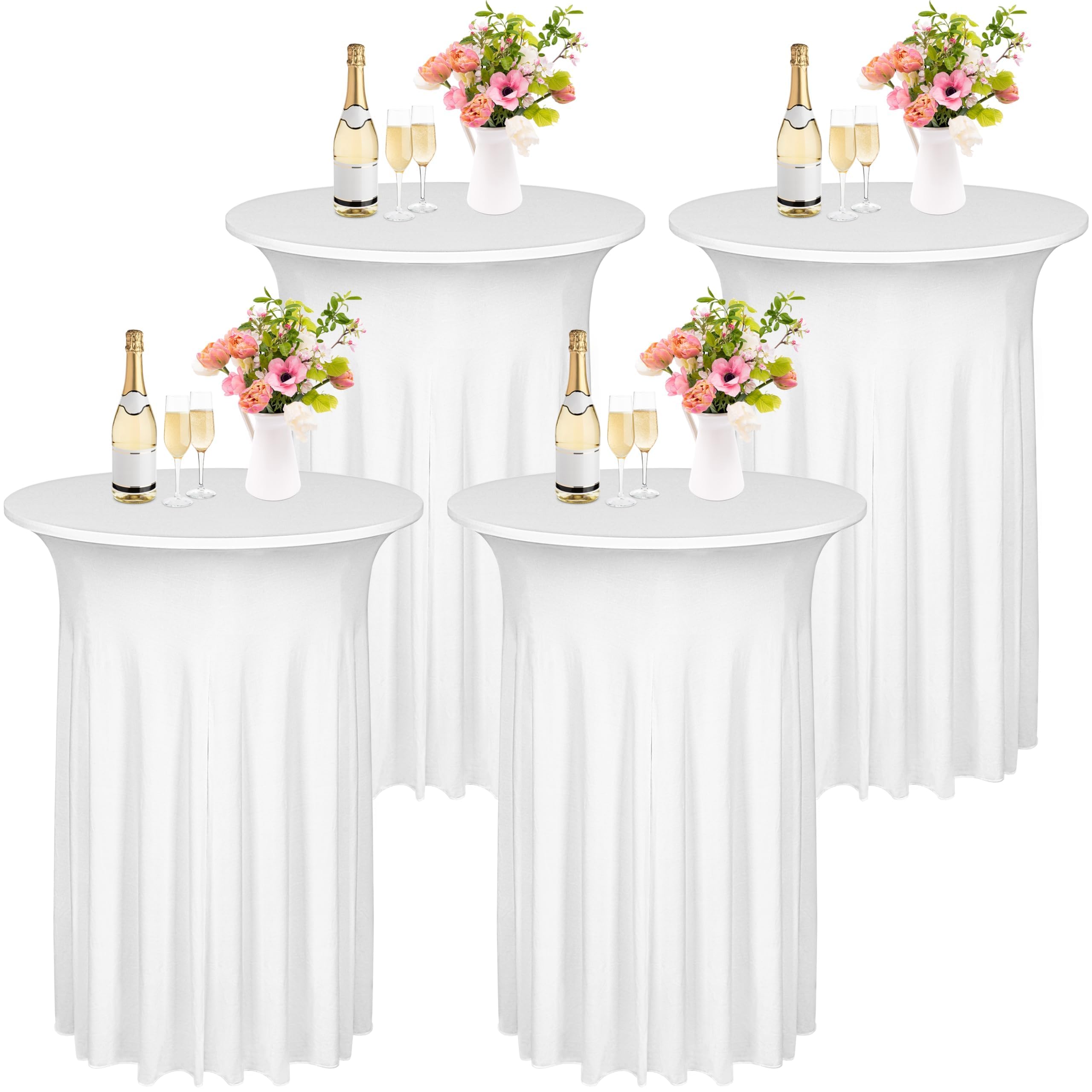 Photo 1 of Kochorie 4 Pieces Cocktail Table Skirt Round Cocktail Table Covers 32 x 43 Inch Spandex Stretch High Top Table Cloth for Wedding Table Bar Banquet Party Supplies (White)