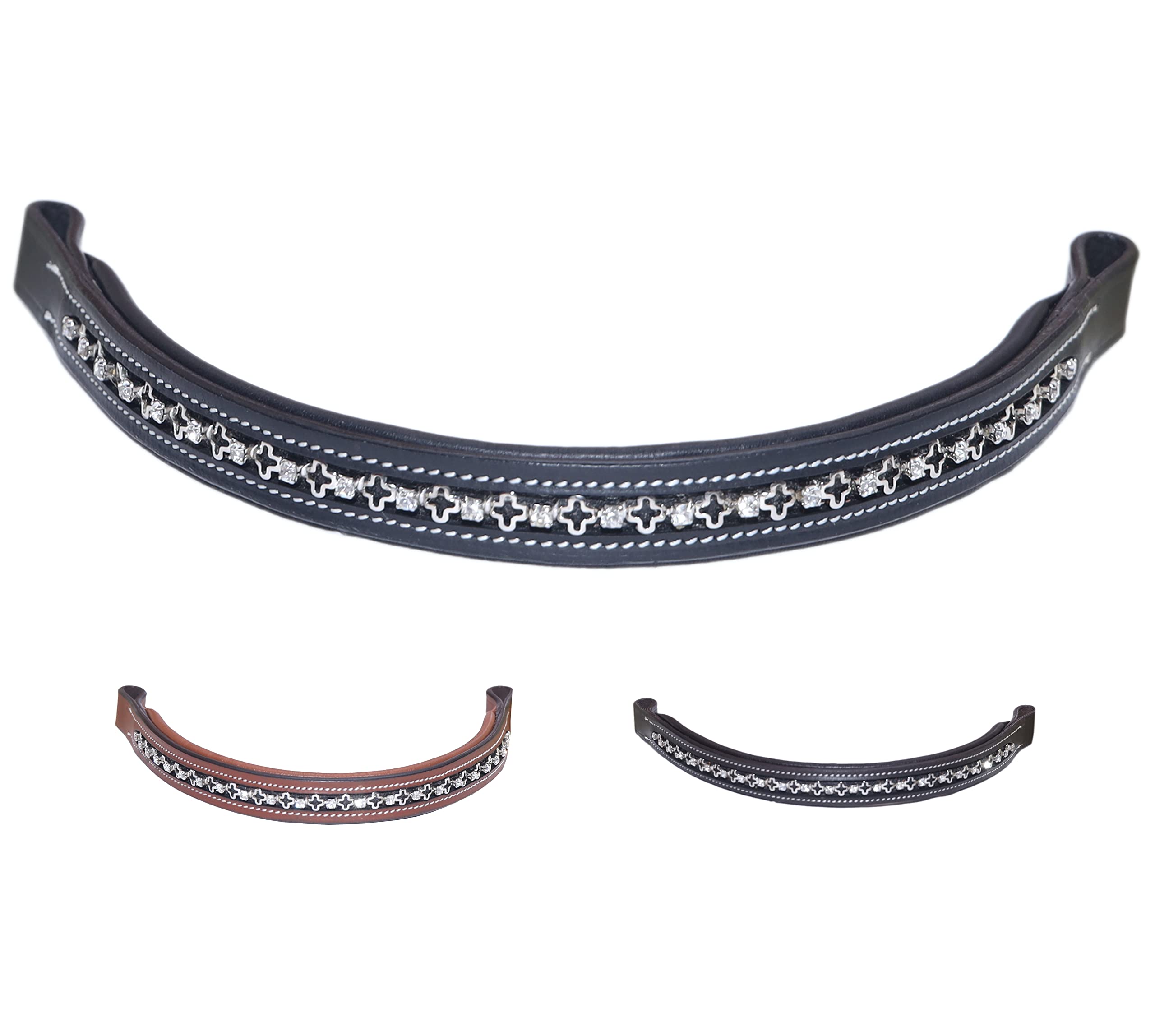 Majestic Ally Straight Crystal Padded Premium Leather English Browband for Horse Bridle (Black)