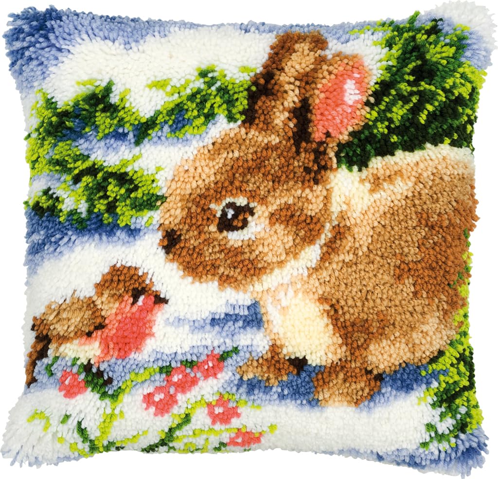 Vervaco Winter Scene Rabbit and Robin Latch Hook Cushion, Multi-Colour