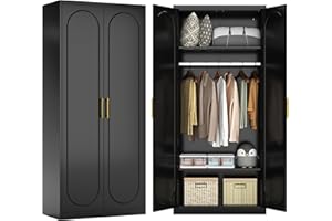 Kubohogar Metal Armoire Wardrobe Closet with 2 Doors, 71" Black Wardrobe Cabinet with Hanging Rod and Adjustable Shelves, Tall Clothing Storage Cabinets for Bedroom, Laundry Room, Home Office