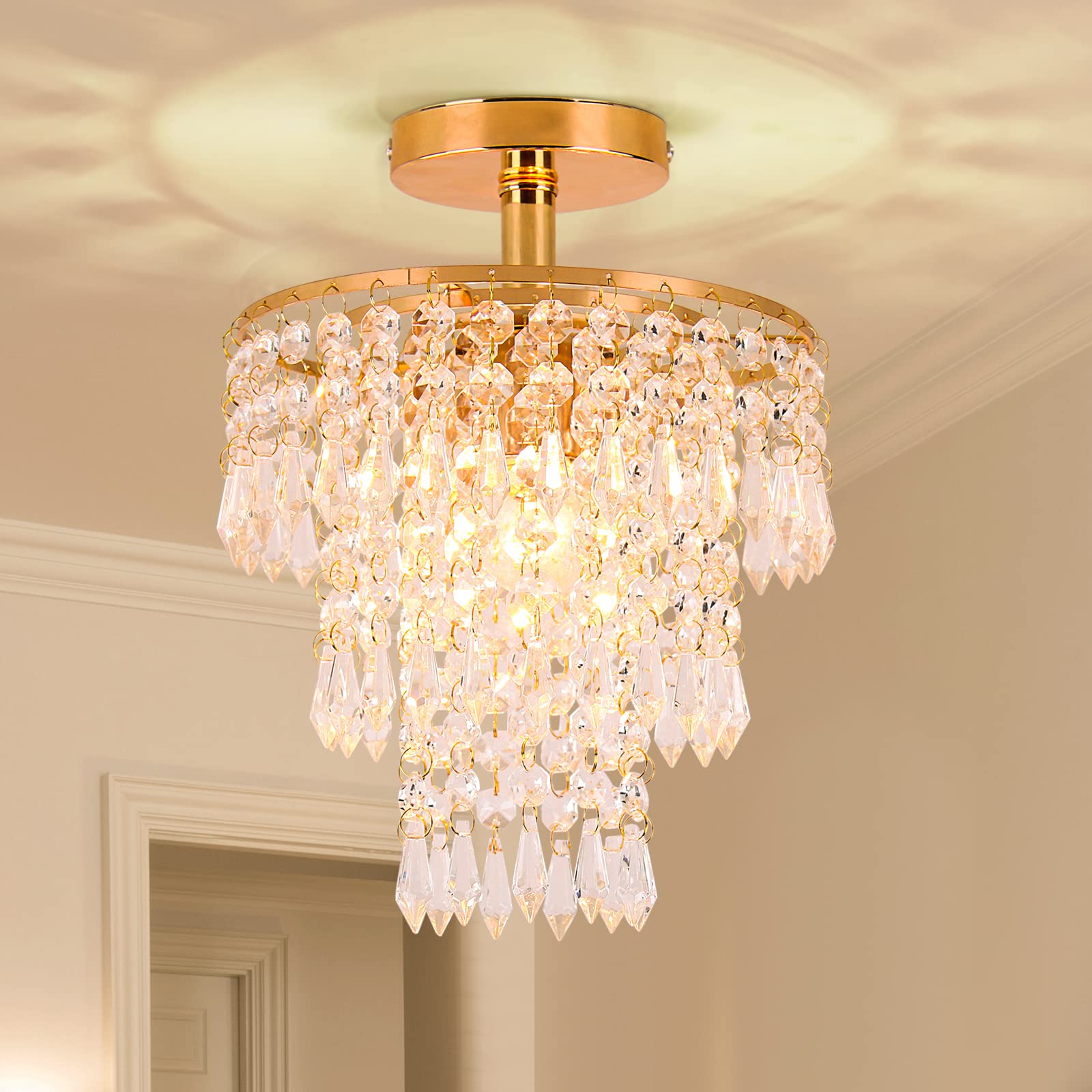 FRIXCHUR Small Crystal Chandelier Light Fixture 7.9" Flush Mount Ceiling Light Gold Crystal Chandeliers for Hallway Kitchen Foyer Bedroom Dining Room