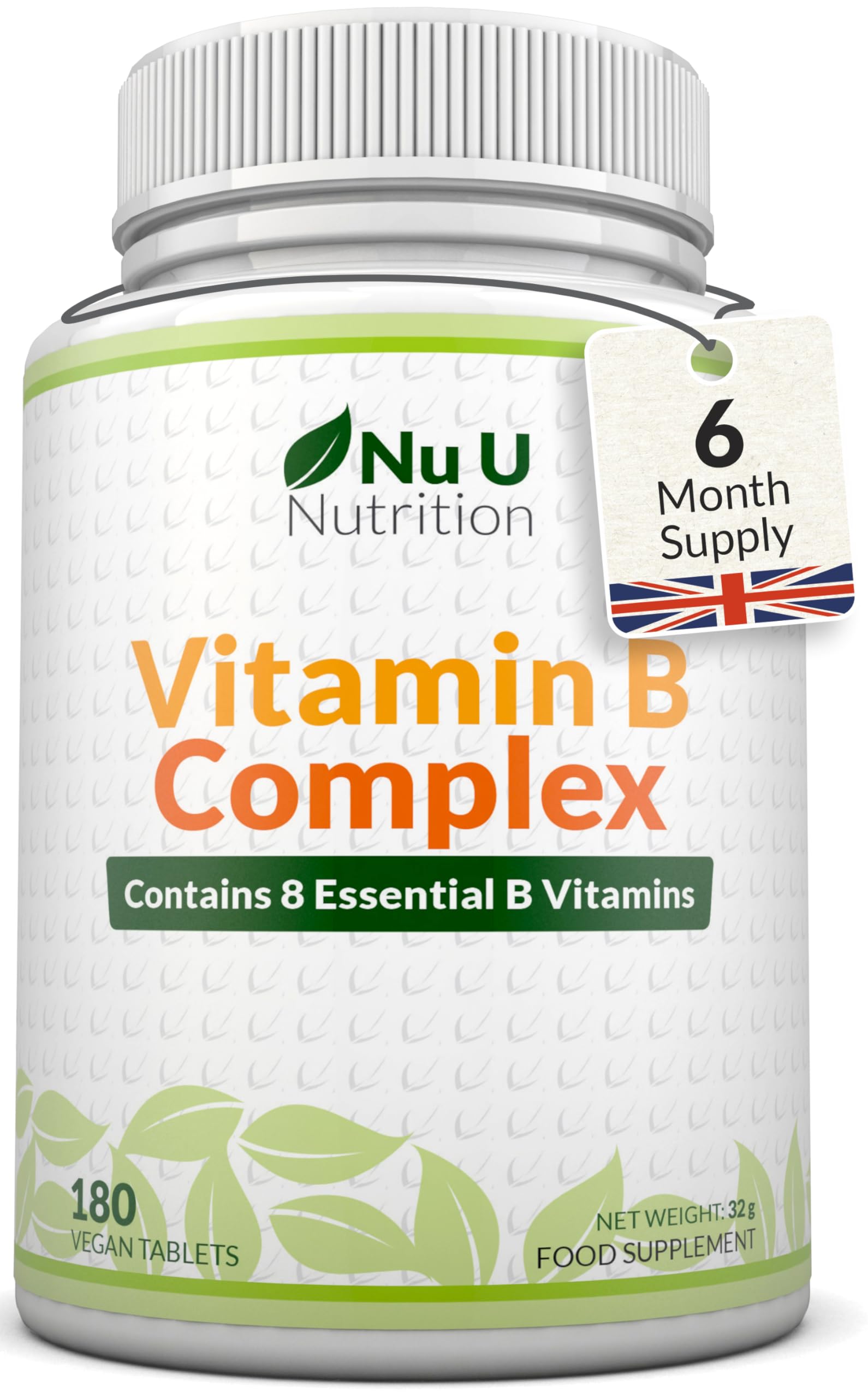 Vitamin B Complex High Strength - 180 Vegan Tablets - 6 Month Supply - Contains All 8 B Vitamins in 1 Tablet - Vitamins B1, B2, B3, B5, B6, B12, Biotin & Folic Acid - Nu U Nutrition