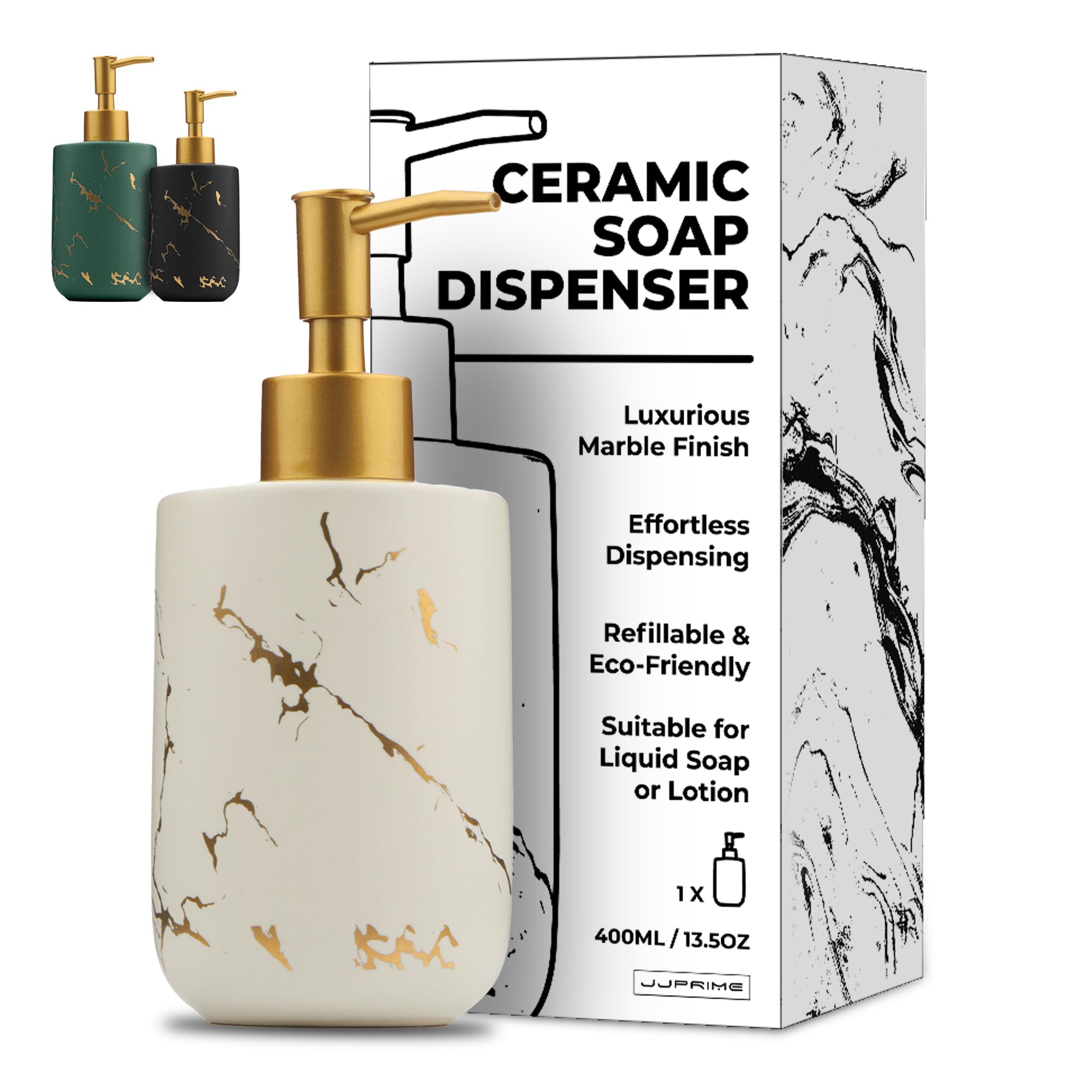JJ PRIME - Ceramic Shower Soap Dispenser 400ml | Marble Look Pump Bottle Dispenser | Hand Soap Dispenser Bottle with Pump | for Kitchen and Hand Wash Liquid (White)