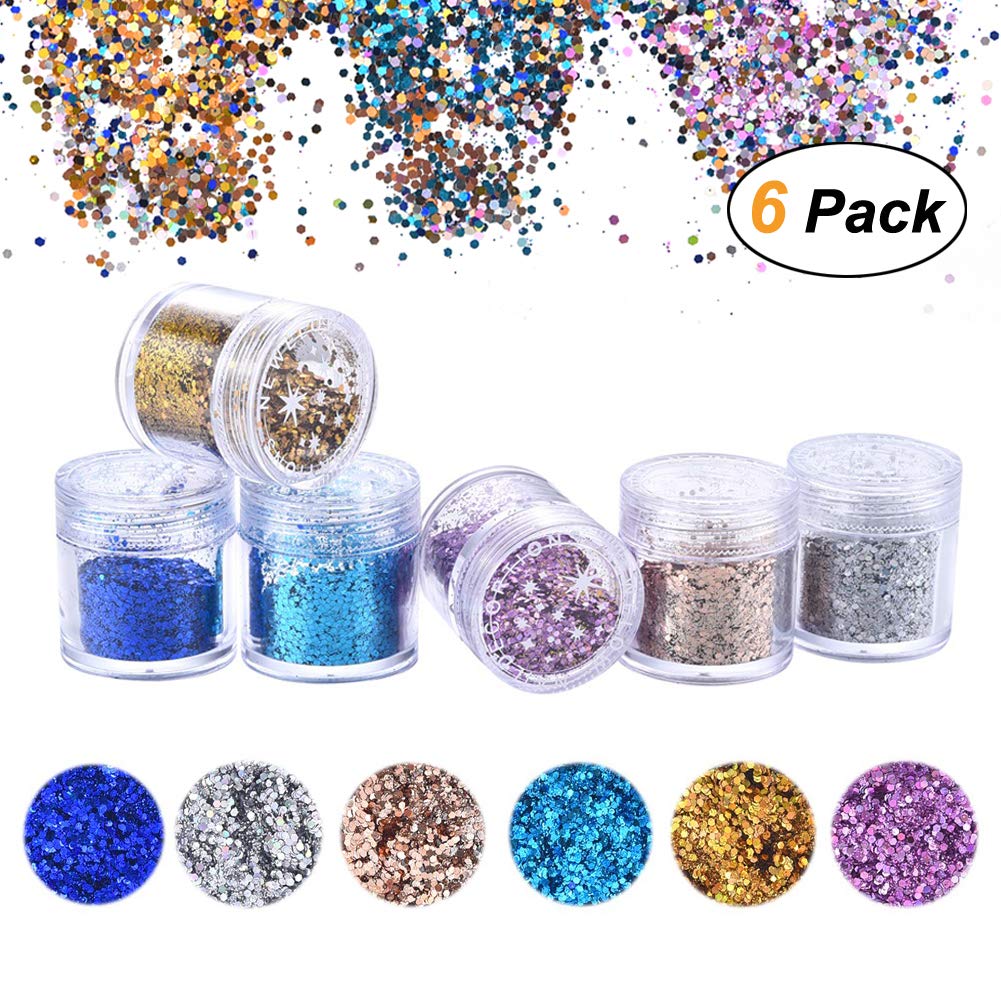 6 Colour Face Glitter - Chunky Glitter - Festival Glitter Cosmetic Face Body Cheeks Hair Nails Art Sparkling Decoration Glitter for Music Festival Wedding Party Masquerade Christmas