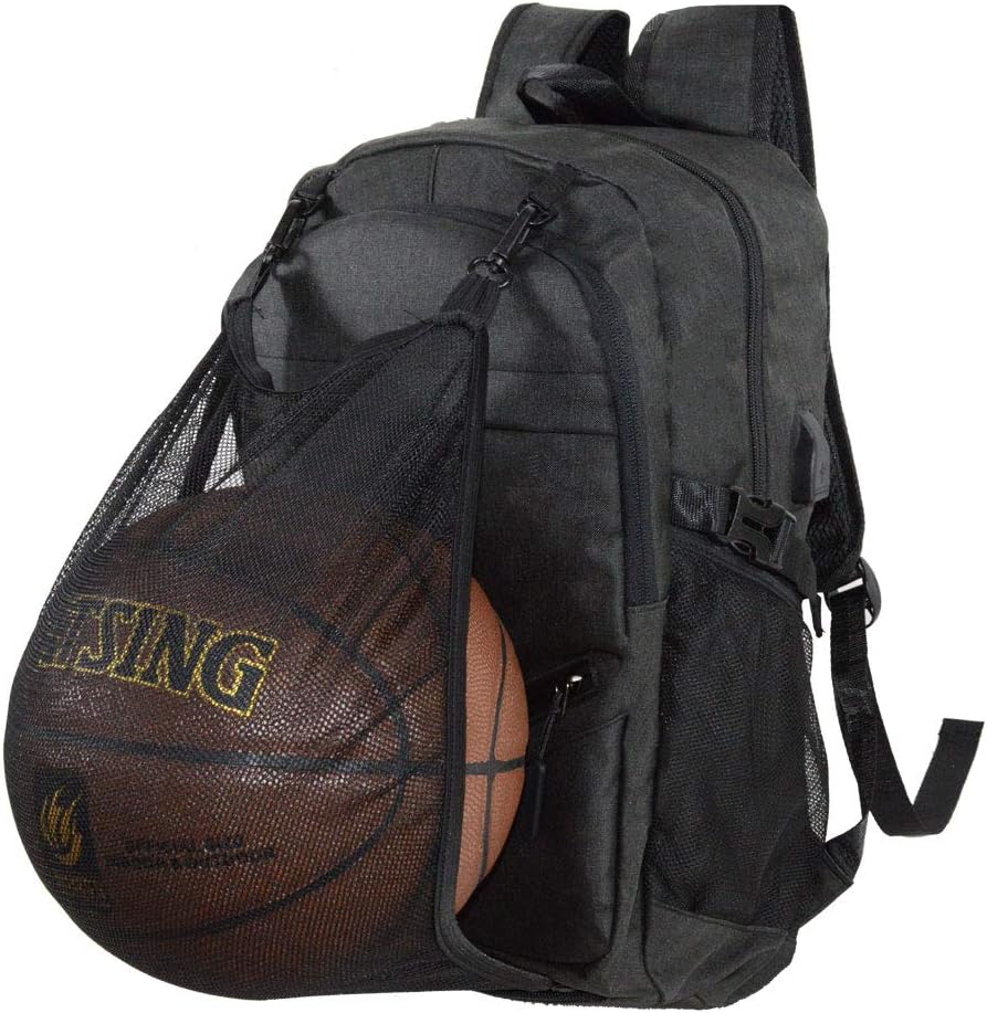Basketball Backpack with USB Charging Port, Durable Men's Backpack for Outdoor with Ball Compartment (Fits 15.6 Inch Laptop)