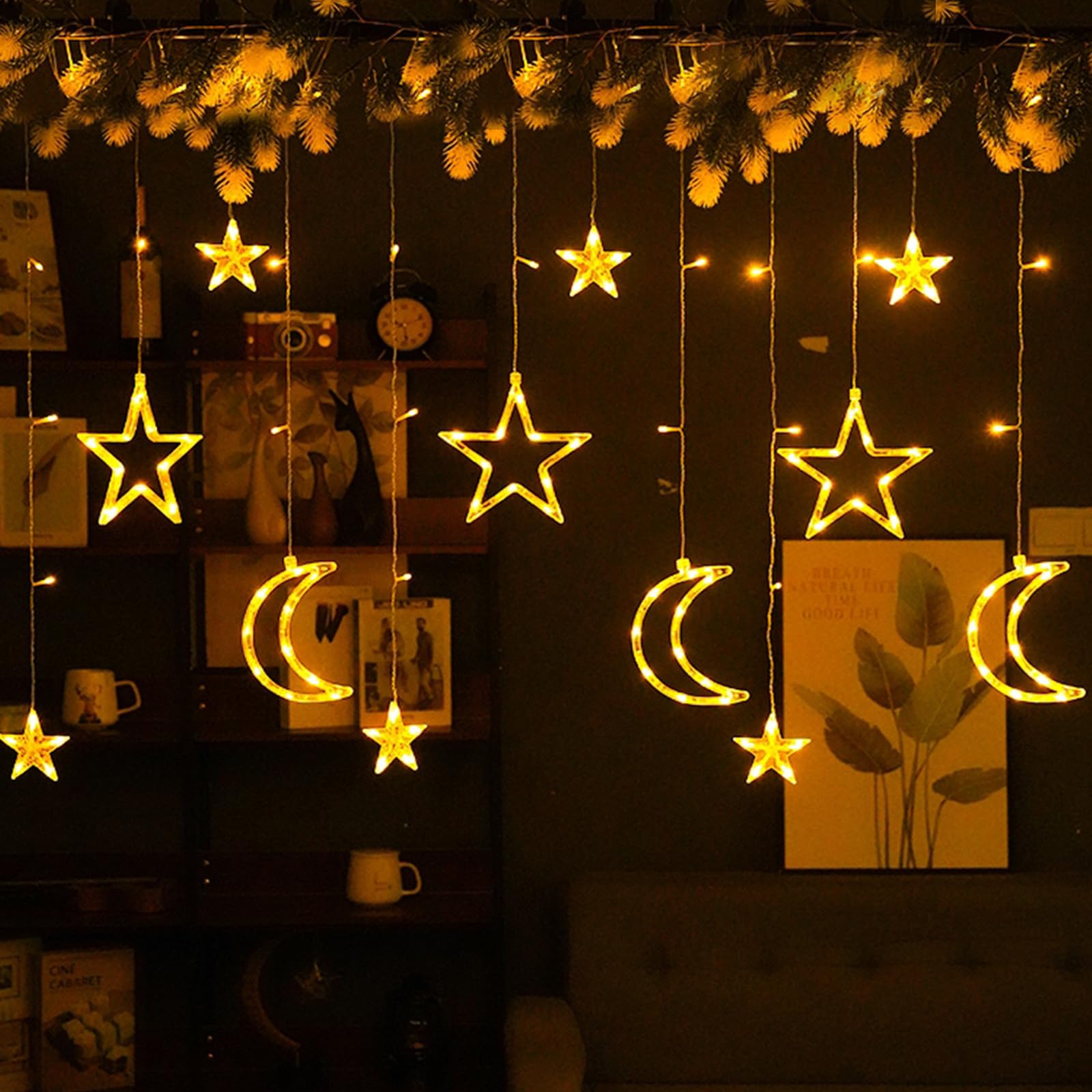 MEgegulo Star Moon LED Curtain Lights，3.5M Warm White Starry Moon Lamp，Ramadan Decorations Waterproof Decoration Lamp, Holiday, Party，Christmas，2 Flashing Modes Fairy Tale Lights