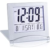 KANBIT Small Digital Travel Alarm Clock Battery Operated, Portable Large Number Display Loud Alarm Clock with Temperature, Night Backlight, 12/24 H Desk Clock -Silver (White Light)