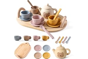 SAMONYED Tea Party Set for Little Girls 1-3 Kids Tea Set with Silicone Teapot Cups Coasters Carrying Scoop Wooden Tray, Kitchen Accessories Pretend Play for Girls Boys Age 3 4 5 (15 Pcs)