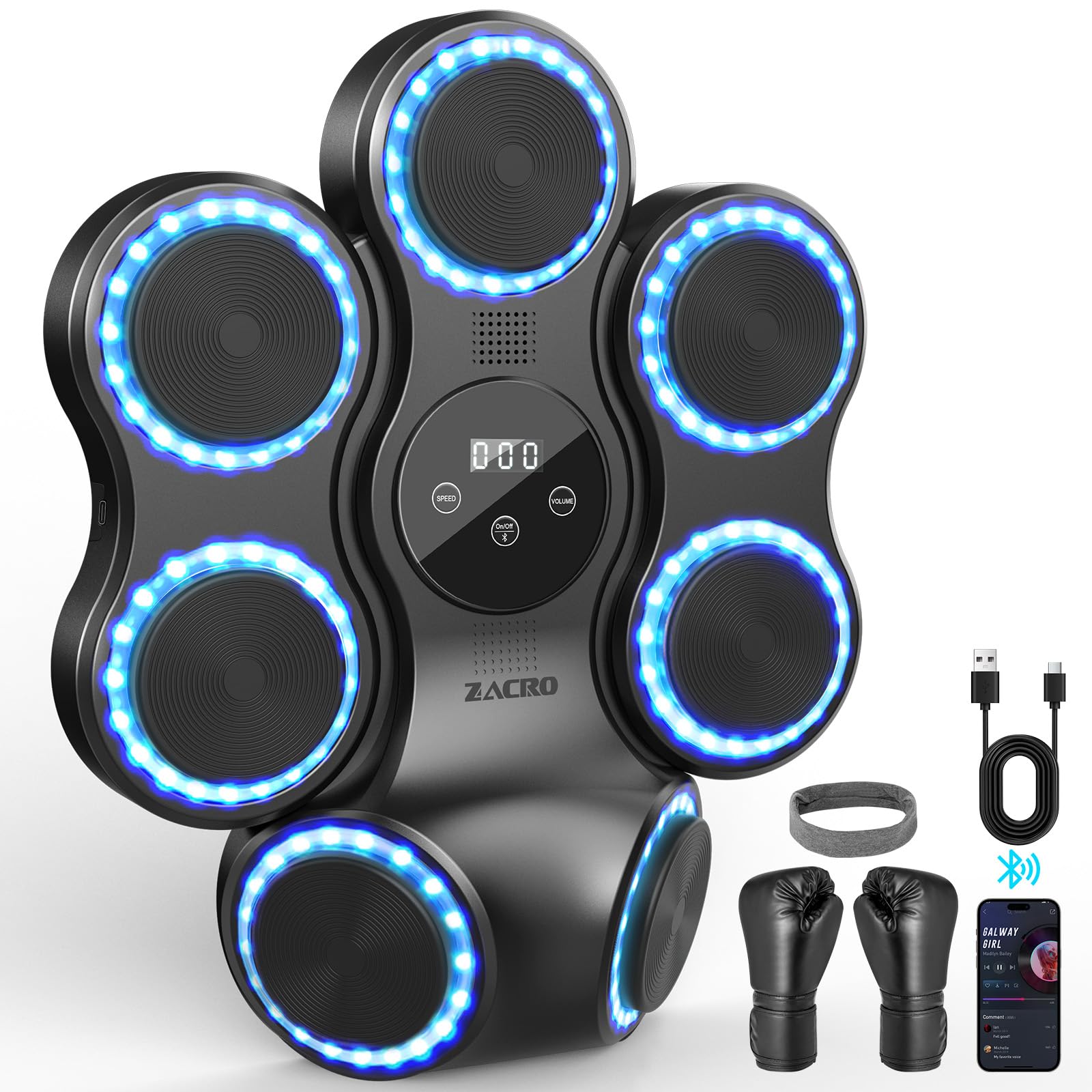Zacro Music Boxing Machine, Music Boxing Machine Bluetooth with Boxing Gloves, Electronic Boxing Machine with 11 Modes/Speeds, LED Light Box Wall, Gift for Adults and Children Exercise