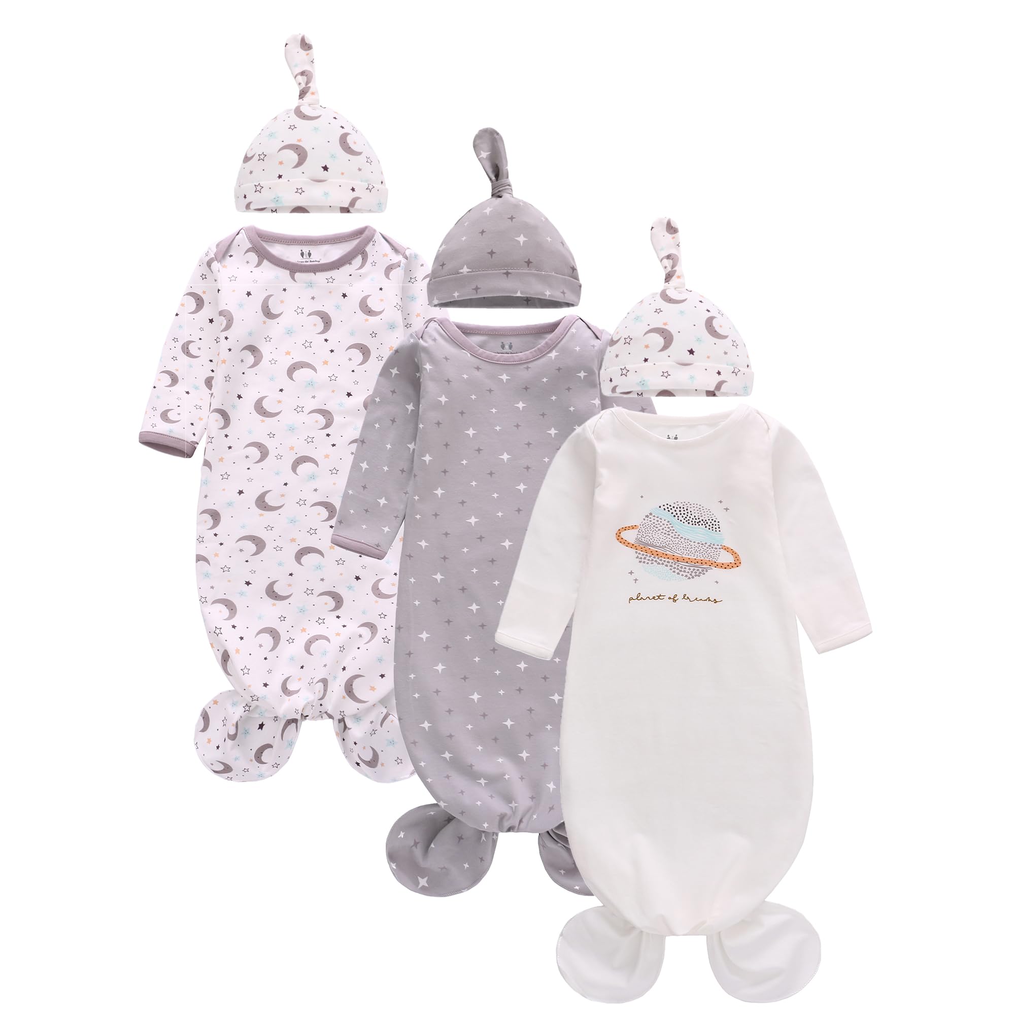Photo 1 of Newborn Knotted Nightgown Long Sleeve with Matching Hat Set 3 Pack, Unisex Baby Sleeper Gowns Coming Home Outfits Set with Mitten Cuffs for Boys Girls 3-6 Months