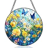 ROSDMDE Sun Catcher Stained Glass Window Hanging 7.87in/20cm Wildflowers and Butterflies Suncatcher Diamond Glass Panel Suncatchers Window Decor for Birthday for Women, Men, Wife, Aunt, and Mom
