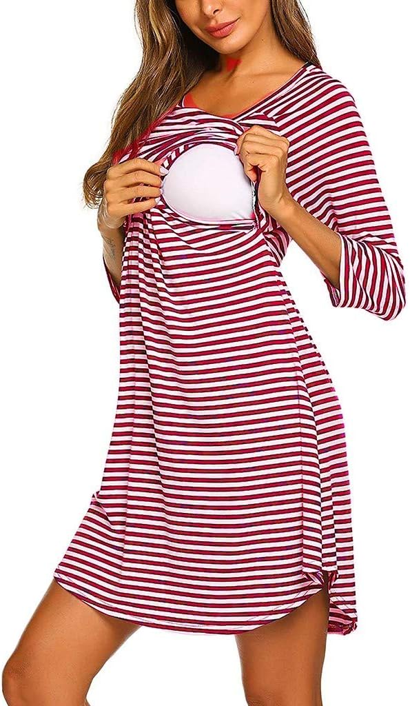 Mumustar Women's Maternity Dress Nursing Breastfeeding Hospital Bag Nightdress Shirt Striped Sleepwear Pyjamas Nightgown