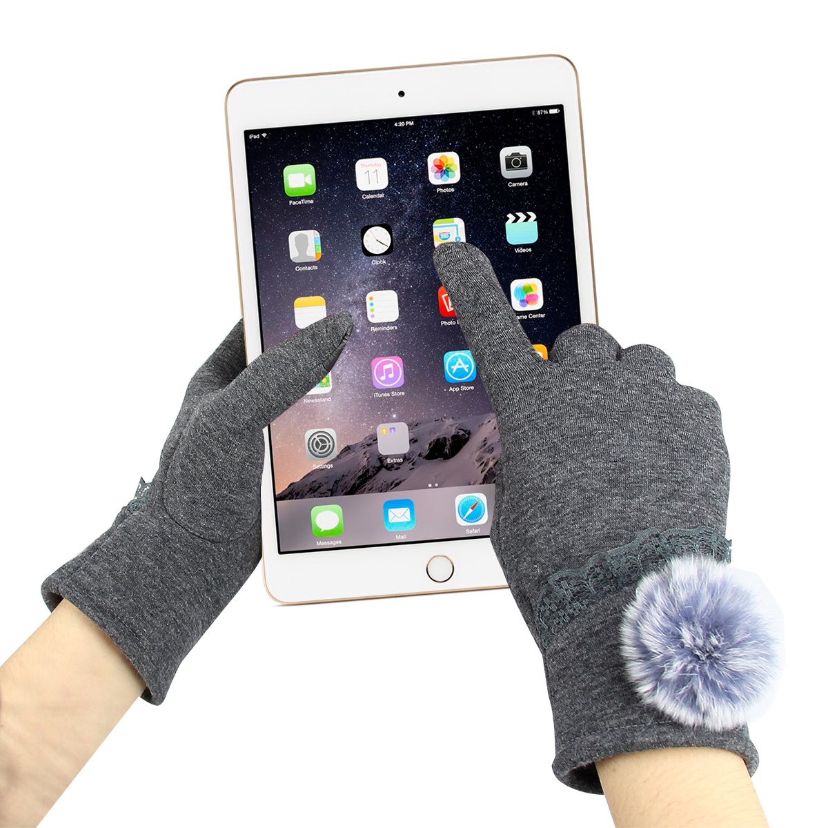 Nouveaux Gants Chauds de Femmes Mode féminine Extérieure Ecran Tactile Sports d\'hiver de plein air Gants Pompon Elégant Dentelle - Gris