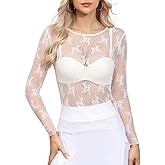ZogoBrolga Womens Mesh Tops Lace Long Sleeve Shirts Crew Neck Sexy Fitted See Through Patry Blouse