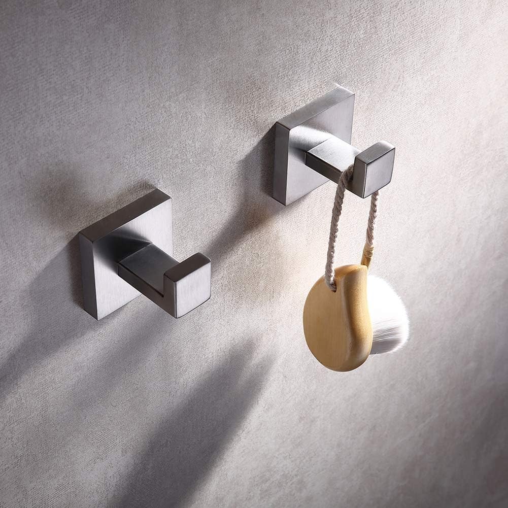 TASTOS Bath Towel Hooks Brushed Nickel, 2 Pack Stainless Steel Robe Coat and Clothes Hook, Heavy Duty Wall Hook for Bathroom & Kitchen, Modern Square Style Wall Mounted (Silver) - - 