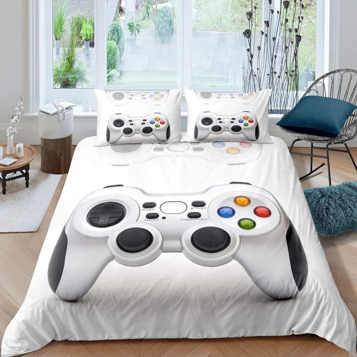 Erosebridal Gamepad Comforter Cover Set for Boys Teen Kids Twin Size White Video Game Controller Duvet Cover Modern Fashion Style Action Buttons Decor Bedding Set,1 Duvet Cover with 1 Pillow Case