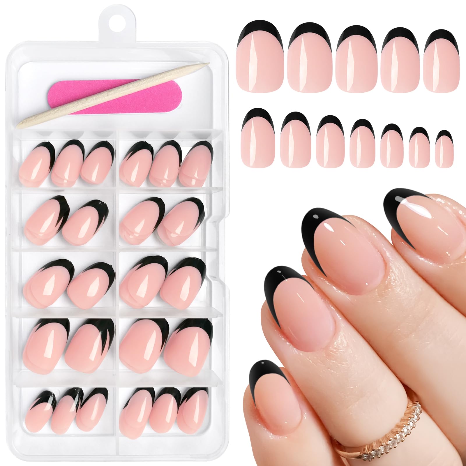AddFavor French Tip Press on Nails Short Oval Fake Nails, 120pcs Black French Tips Nails Press on Medium Almond False Acrylic Nails for Women and Girls
