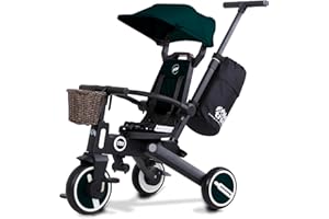 Newtronx Trixplorer -7 in 1 Folding Toddler Tricycle Removable Push Handle, Rotatable Seat, Adjustable Canopy, Safety Harness, Storage, Basket-Tricycle for Toddlers for 1-5 Year Old (Racing/Green)