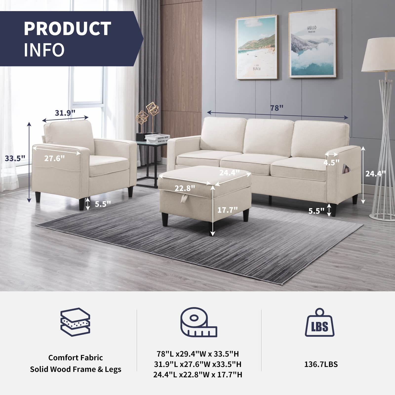 Mua ZAFLY Comfy Sectional Sofa Living Room Furniture Set,L Shaped Couch ...
