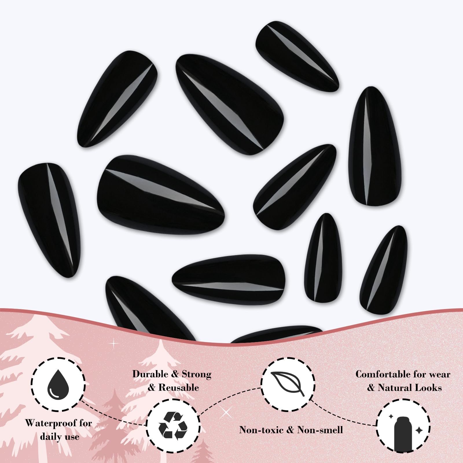 LoveOurHome 240pc Almond Press on Nails Medium Black Fake Nail Tips Full Cover Glue Almond Acrylic Nails Press ons Nail Short Stiletto False Artificial Fingernail & Glue Adhesive Tabs for Women Girls - Image 6