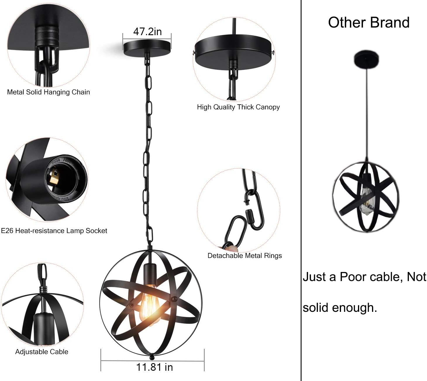 Industrial Pendant Light, 2 Pack Vintage Spherical Pendant Light Fixture with 39.3 Inches Adjustable Metal Chain - - 