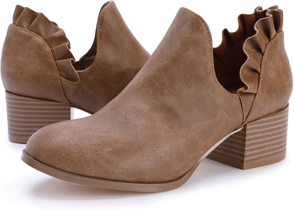 FISACE Womens Ruffled Ankle Boots V Cut Out Pointed Toe Chunky Low Heel