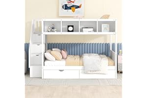 BIADNBZ Twin Over Full Bunk Bed with Stairs and 2 Storage Drawers, Stairway BunkBed Wood Frame with Shelves Bookshelves, for Kids Teens Bedroom, White