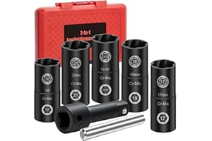 BORNPYE 2-In-1 Lug Nut Removal Tool & Impact Socket Set, with 1/2" Drive, Easy Out Broken Bolt Extractor Kit, Ez Out Stripped Wheel Lock for Removing Rounded, Rusted Bolts, Nuts & Screw 7-Pieces