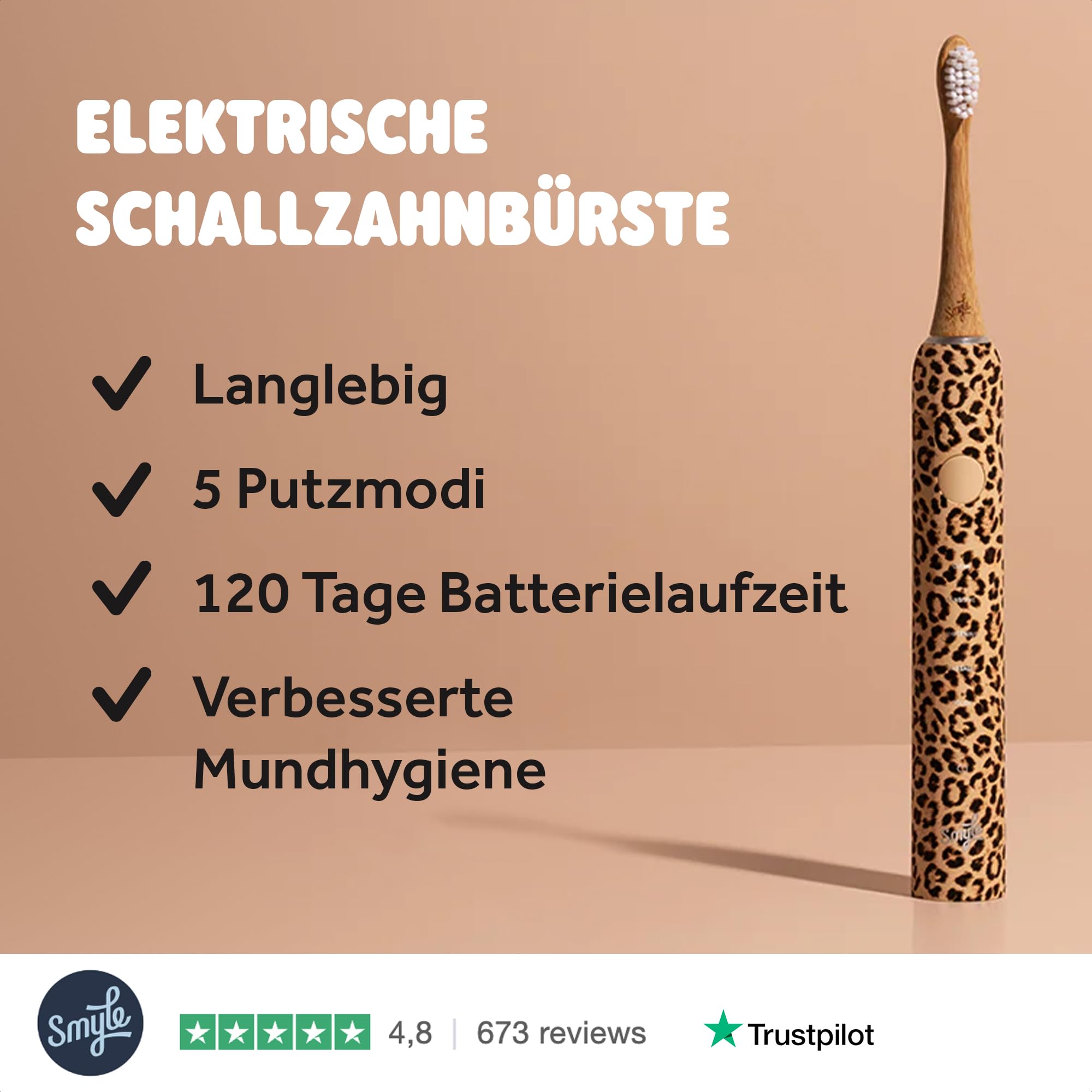 Smyle zahnbürste - Schallzahnbürste mit Drucksensor – Elektrische Zahnbürste mit 4 Monate Akku, 40.000 Vibrationen/min, 5 Modi, Timer, USB-C, 2 Bürstenköpfe, wasserdicht – Panter 2