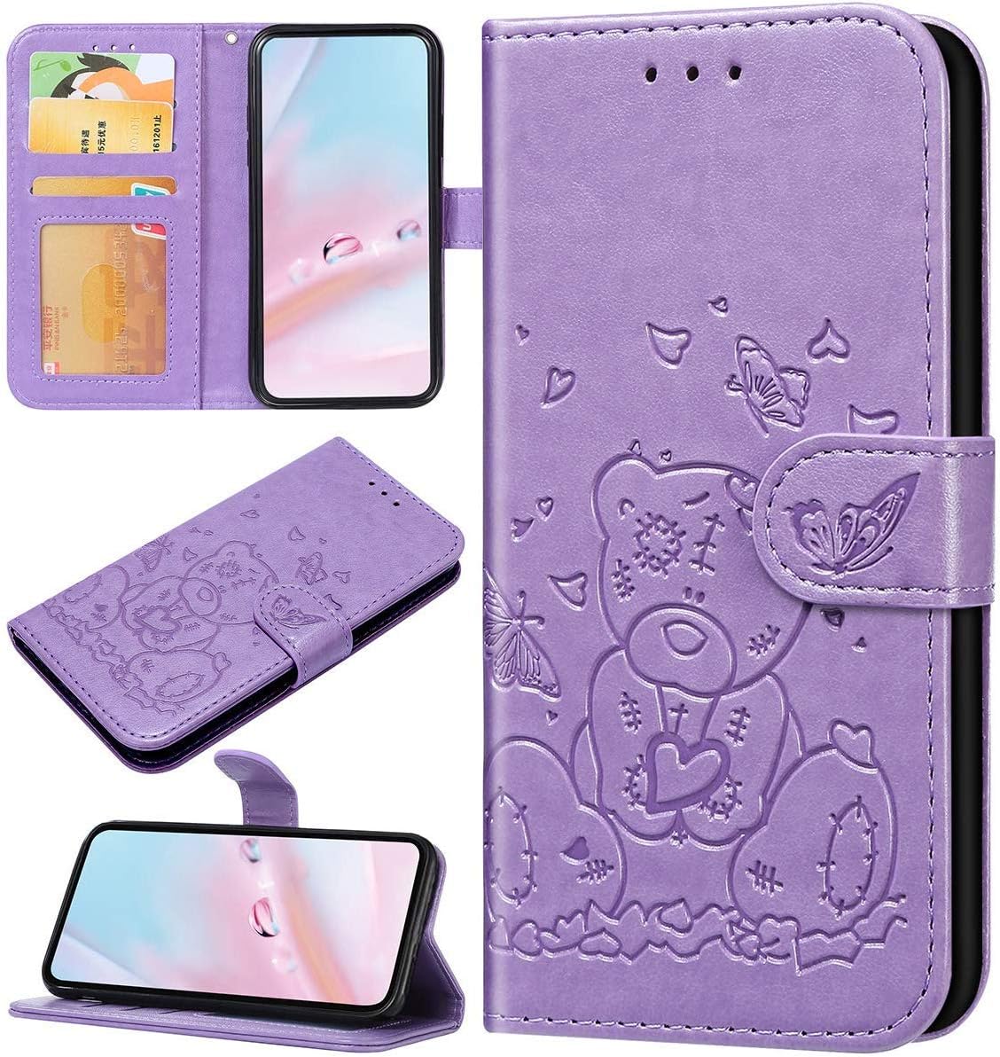 Robinsoni Case Compatible with iPhone 11 Pro Case Retro PU Leather Bear & Butterfly Printed Wallet Cover Lavish Glossy Folio Flip Kickstand Magnetic Closure Case TPU Silicone Shockproof Cover Purple